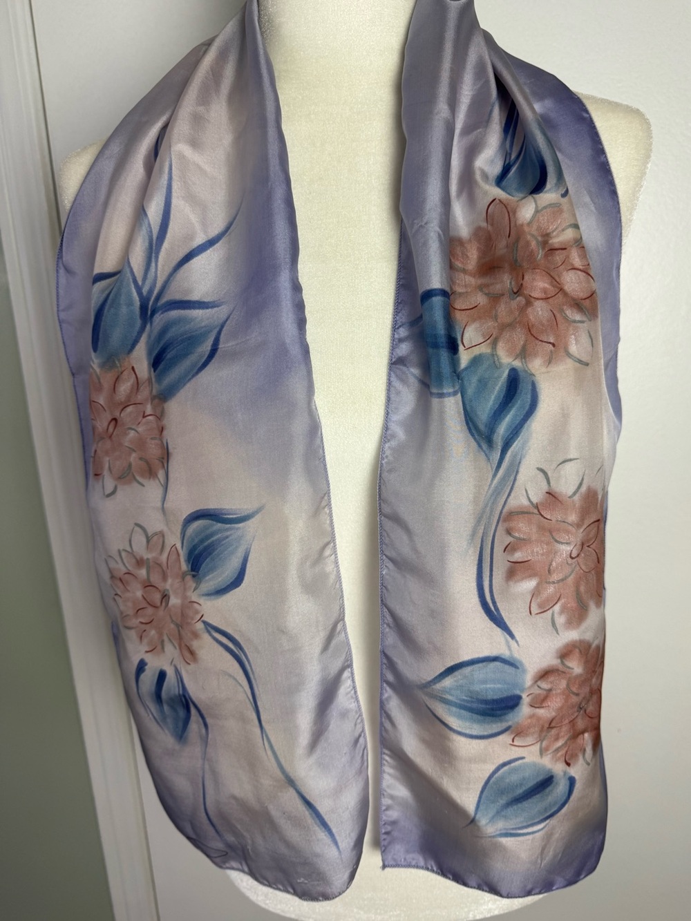 Vintage Floral Silk-Feel Scarf in Lavender, Blue & Pink